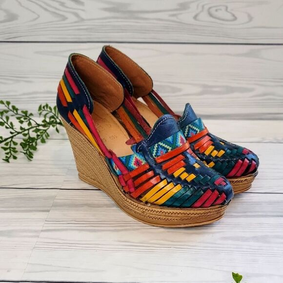 Mexican Huaraches Womens Wedge Sandals In Multicolor Leather Size 8.5/9 - Picture 1 of 10